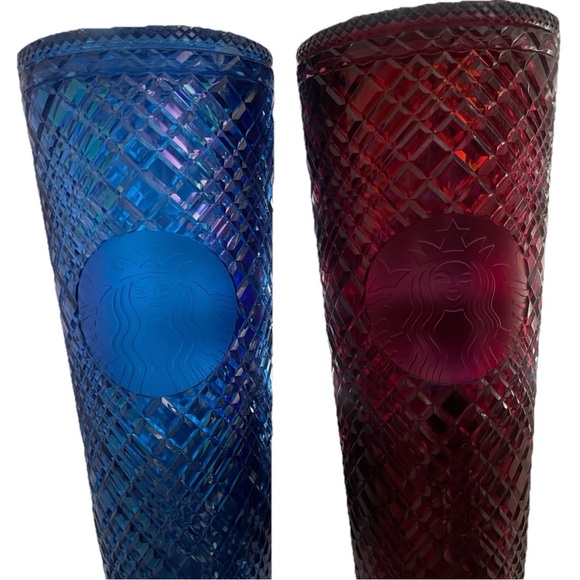Starbucks Other - Starbucks 2021 Jeweled Venti 24oz Tumblers Azure Blue & Red Jeweled Set of 2
